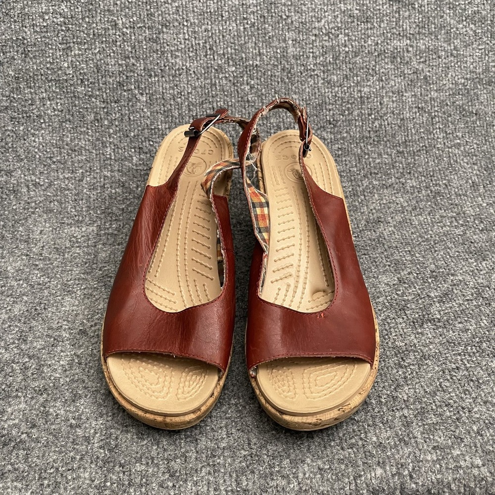 Crocs A Leigh Cork Wedge Sandals Womens Sz 9 Slingback Peep-Toe Red Leather